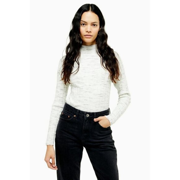 TOPSHOP Grey Knitted Marl Funnel Mock Neck Top New Rib Sweater Pullover 8605 - Picture 3 of 12